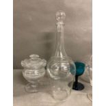 A selection of glassware to include a decanter, vase and various glasses and pots
