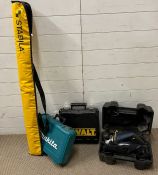 A DeWalt cordless drill and spare battery, Makita cordless drill and spare battery, a Pro plane