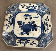 A Japanese porcelain blue and white plate in octagonal form.