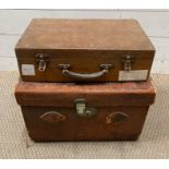 A vintage leather picnic case and a pine collector box