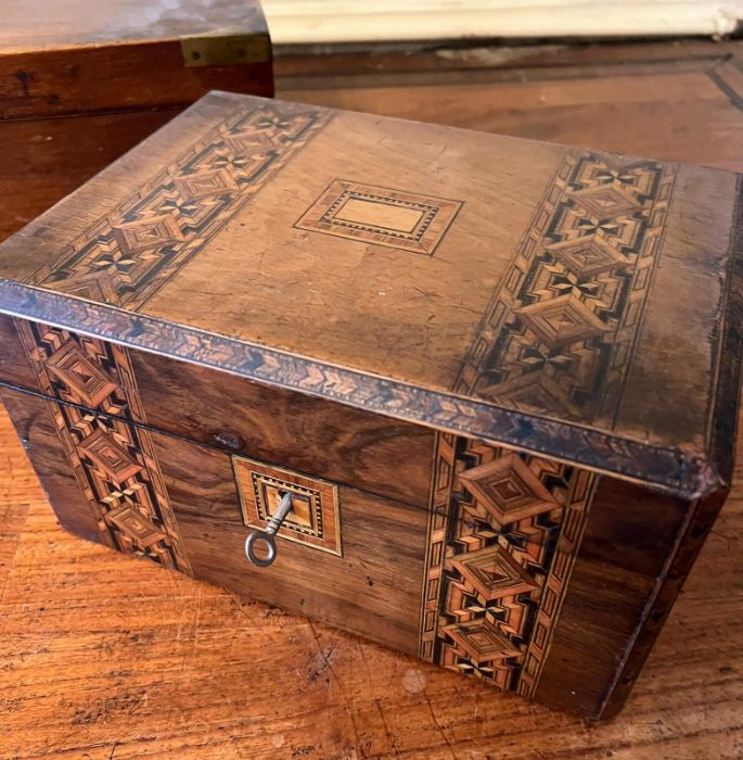 A brass banded mahogany box, campaign style and an inlaid box - Image 2 of 8