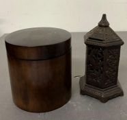 A lidded wooden box and a metal letter box style money box