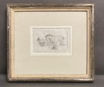 A Naïve framed pencil sketch of two horse