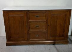 A side cabinet with drawers to centre cupboards and marble top (H90cm W150cm D42cm)