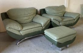 A pair of Kler green leather armchairs on chrome legs with footstools