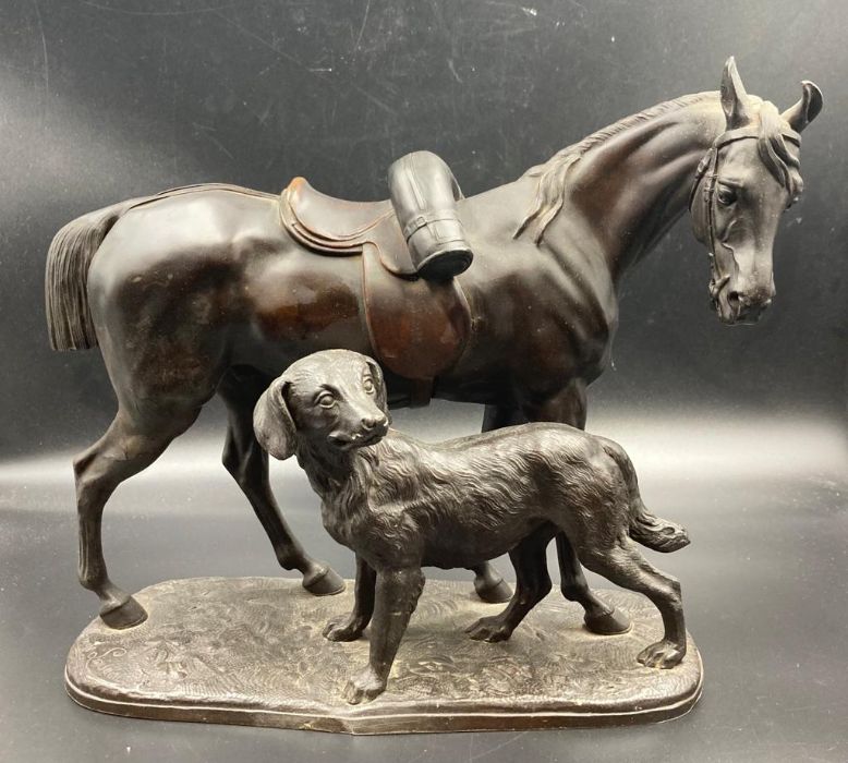 A bronze sculpture of a horse and hound, signed Emile Loiseau bottom left