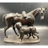 A bronze sculpture of a horse and hound, signed Emile Loiseau bottom left