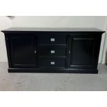 A black lacquered sideboard with drawers to centre and flanked by cupboards (H90cm W200cm D53cm) (