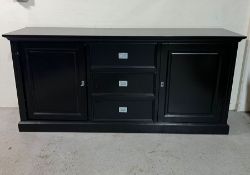 A black lacquered sideboard with drawers to centre and flanked by cupboards (H90cm W200cm D53cm) (