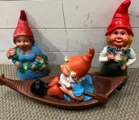 Two garden gnomes lady or gnomess and one in a boat