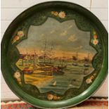 A large metal hand painted tray or wall hanging with port scene (Dia120cm)