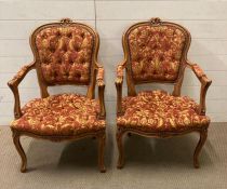 Two elm Louis style chairs upholstered in red and gold