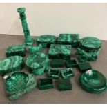 A selection of Malachite lidded pots, dishes and carved animals