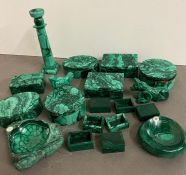 A selection of Malachite lidded pots, dishes and carved animals