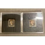 Two Penny Black stamps, cased