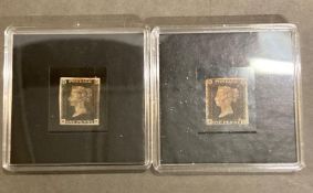 Two Penny Black stamps, cased