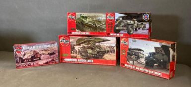 A selection of six Airfix Models Willys MB Jeep, Sherman Crab Tank, Bedford QLT and Bedford Old