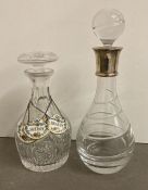 Two decanters lead crystal with silver Hallmarked collar and a cut glass with Brandy, Sherry and