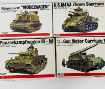 Four Boxed Bandai army tankers model kits, Panzerkampfwagen III-M, Gun Motor Carriage M12, U.SM4A3