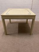 A light green painted side table with gold piping and blue geometric detail (H51cm D66cm W66cm)
