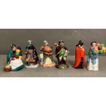 A selection of six miniature Royal Doulton figurines to include Falstaft The Balloon Seller, etc