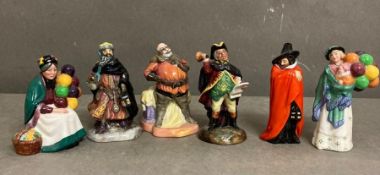 A selection of six miniature Royal Doulton figurines to include Falstaft The Balloon Seller, etc