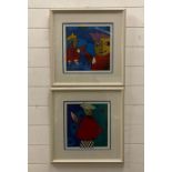 Two varnished modernist prints signed bottom right (48cm x 48cm)