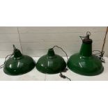 One large green enamel Thoriux shade and two medium size shades (Large H40cm Dia47cm Smaller H28cm