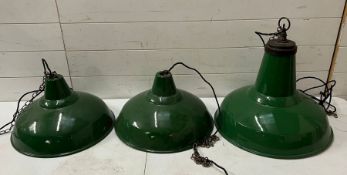 One large green enamel Thoriux shade and two medium size shades (Large H40cm Dia47cm Smaller H28cm