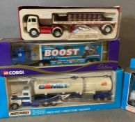 Two boxed Matchbox lorries, a Corgi Boost lorry and a Diecast McEwan and Co lorry