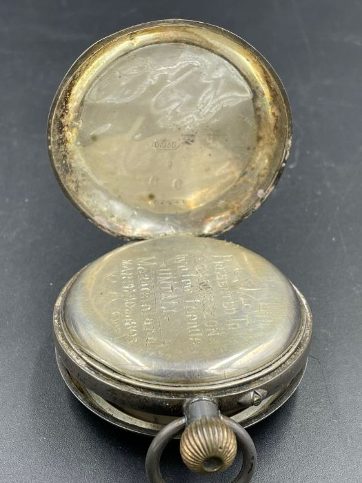 A silver half hunter pocket watch AF with inscription dated 1895. - Image 2 of 3