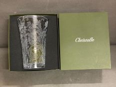 A Christoffel crystal vase with hand cut etched floral and vine motif, boxed (H25cm Dia15.5cm)