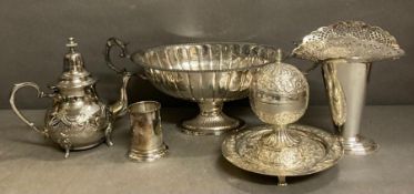 A quantity of white metal and silver plate items to include a beaker, tea pot and vase