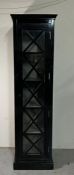 A tall black lacquer contemporary display unit with glazed door (H200cm W55cm D45cm)