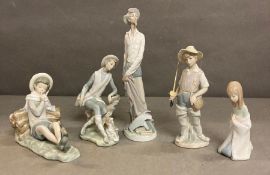 A selection of five Lladro figures to include a boy fishing and Don Quixote