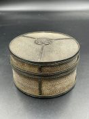 A Shagreen and white metal box with rose decoration to top. Diameter 9cm Height 5cm