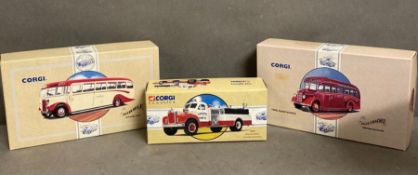 Three boxed Diecast Corgi models to include a fire engine, a ribble Leyland tigo and a Bedford OB