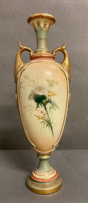 Royal Worcester two handled vase with thistle theme (H27cm) - Image 3 of 6