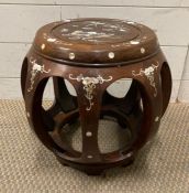 A vintage Chinese barrel shaped drum stool with mother of pearl inlay