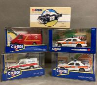 A selection of five Corgi Diecast model cars to include police cars and a Royal Mail van