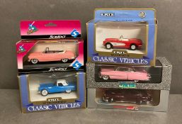 A selection of five Diecast model cars to include a 57 Thunderbird and a 1960 Corvette