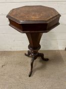 A Victorian trumpet sewing work box on strolling feet (H70cm)
