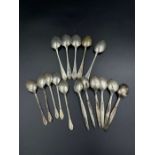 A selection of silver teaspoons, two sets of five and one of six. Various hallmarks and makers. (