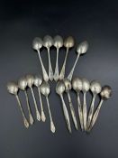 A selection of silver teaspoons, two sets of five and one of six. Various hallmarks and makers. (