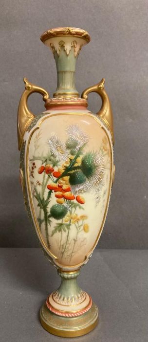 Royal Worcester two handled vase with thistle theme (H27cm)