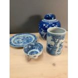 A selection of blue and white china to include a brush pot