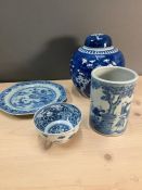 A selection of blue and white china to include a brush pot