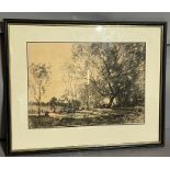 A framed charcoal drawing of Hampstead Heath, dated 1823, bottom right hand corner. 34cm x 24cm