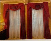 Two sets of red heavy interlined curtains AF (Drop 258cm)