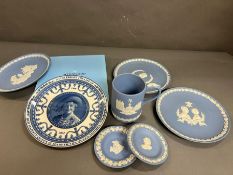 Wedgwood blue Jasperware plates and handle jug
